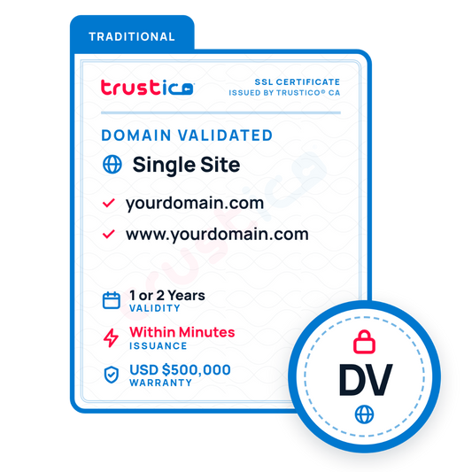 A Trustico® DV Single Site certificate graphic from Trustico CA highlights validation for one domain, example domains, fast issuance within minutes, and a $500,000 warranty. This DV Single Site SSL Certificate delivers robust website encryption for your domain. In the bottom right corner is a blue Domain Validation SSL badge featuring a padlock and globe icon.