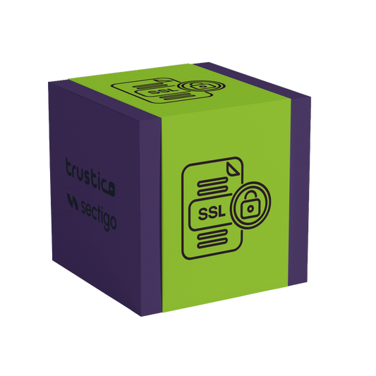 A green and purple cube features icons of a document labeled SSL with a padlock and displays the words Trustico® and Sectigo® CA on its sides, representing robust SSL certificate security provided by Sectigo® CaaS DV + Wildcard + Multi Domain.