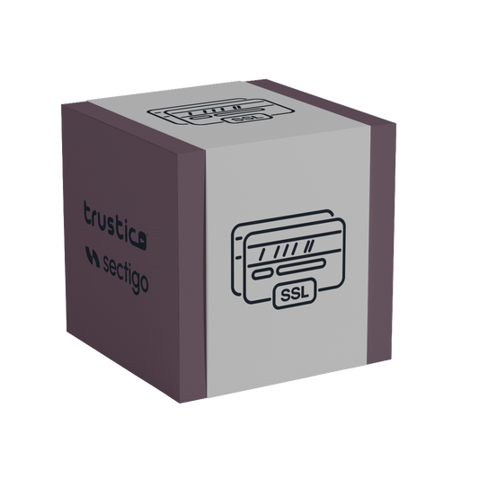 A 3D-rendered box featuring the Sectigo® CA logo on the side, with a credit card icon labeled “SSL” on the front and top, representing digital security services like the PositiveSSL DV + Multi Domain certificate, which offers Domain Validation and Subject Alternative Name support.
