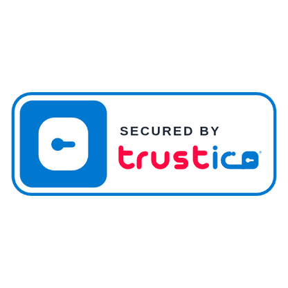 A blue and white badge features a circular logo on the left and the Trustico® name in stylized pink and blue text on the right, reading Secured by Trustico® to highlight support for Trustico® CaaS DV + Wildcard + Multi Domain SSL Certificate solutions.